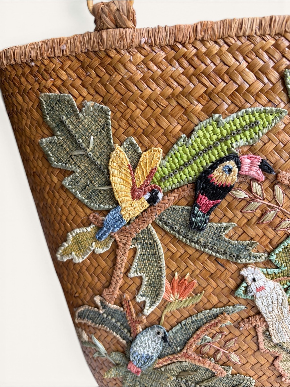 Vintage Cappelli Brown Straw Tote with Multicolor Parrot Embroidery - Picture 15 of 16